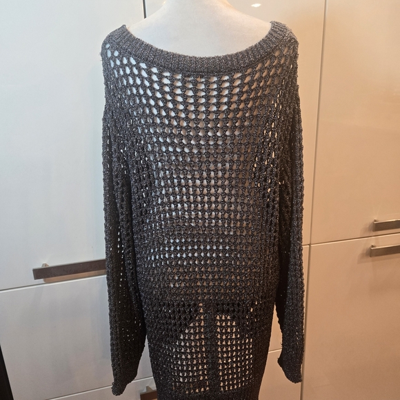 Crochet Macrame Metallic Off The Shoulder Oversized Sweater Gray Large - Picture 4 of 9